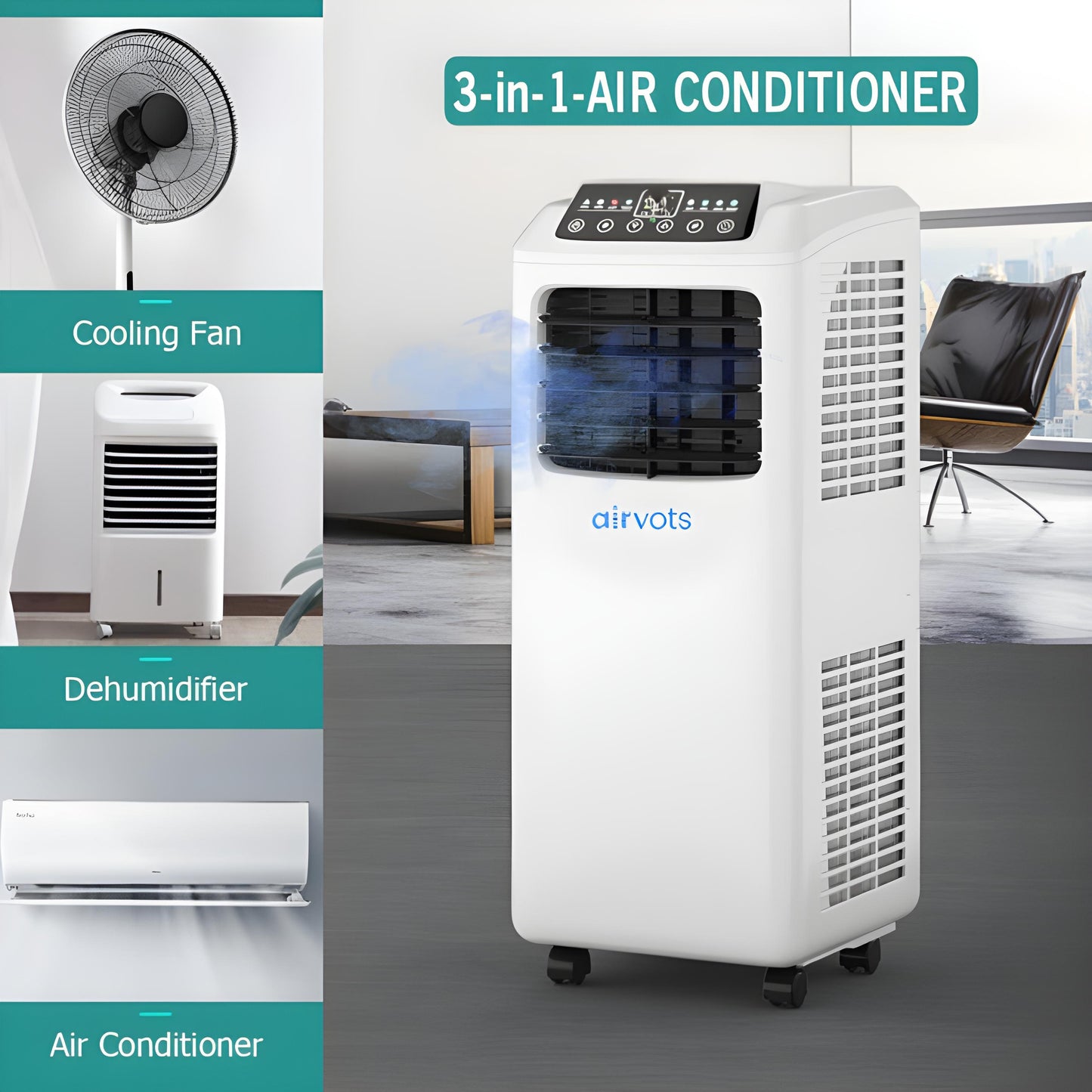 Airvots 9000 BTU Portable Air Conditioner with Built-in Dehumidifier and Remote Control
