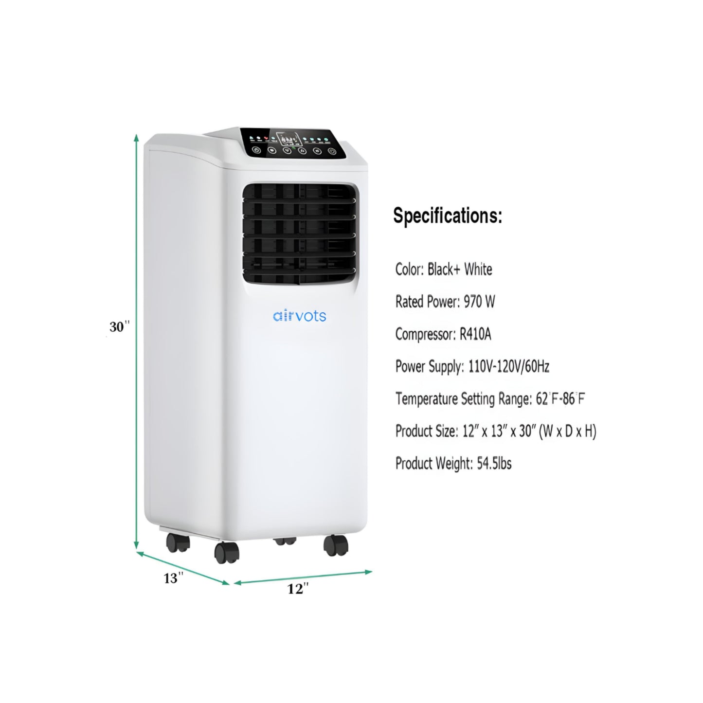 Airvots 9000 BTU Portable Air Conditioner with Built-in Dehumidifier and Remote Control